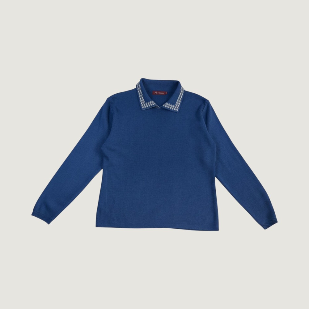 Vintage Blue Knit Polo Sweater Long‎ Sleeve Patterned Collar Size M